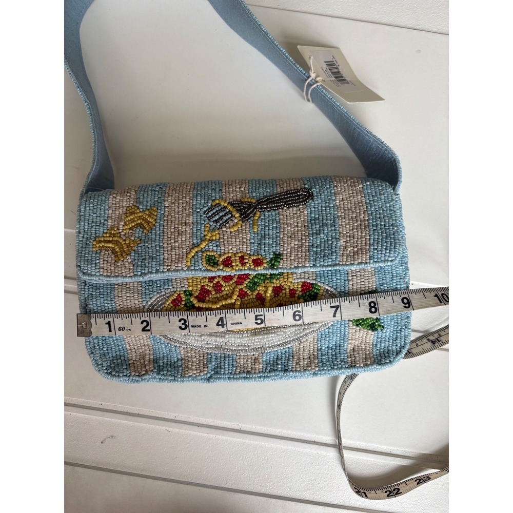 New Beaded Pasta Spaghetti Striped Shoulder Bag Novelty Food Purse Blue White - Picture 4 of 6